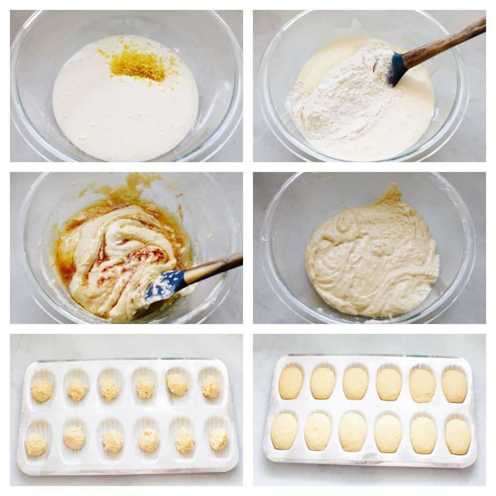 6 pictures showing the steps for how to make madeleine dough.