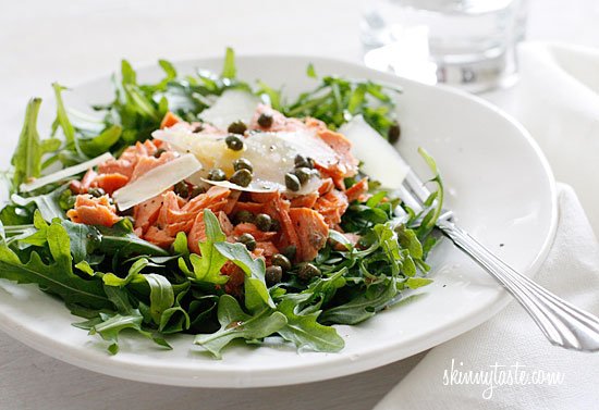 Arugula Salmon Salad with Capers and Shaved Parmesan